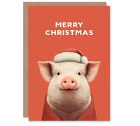 Artery8 Christmas Card Cute Pig Wearing a Santa Hat & Cardigan in Red Artery8 Red