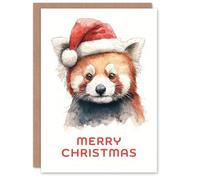 Artery8 Christmas Card Cute Red Panda Wearing a Santa Hat Watercolour