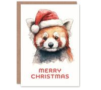 Artery8 Christmas Card Cute Red Panda Wearing a Santa Hat Watercolour