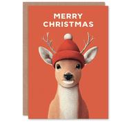 Artery8 Christmas Card Cute Reindeer Calf Wearing a Red Knitted Hat