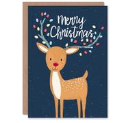 Artery8 Christmas Card Cute Reindeer Rudolph With Antler String Lights