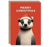 Artery8 Christmas Card Cute Smiling European Badger Wearing Santa Hat
