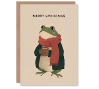 Artery8 Christmas Card Frog With Scarf Cardigan & Cup of Hot Chocolate in Beige Artery8 Beige