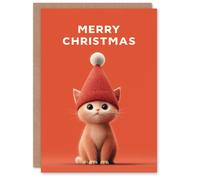 Artery8 Christmas Card Ginger Cat Lover Cute Kitten Wearing Knitted Hat