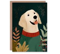 Artery8 Christmas Card Golden Retriever in Festive Sweater Folk Art Artery8 Multicolor