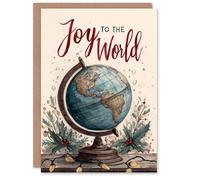 Artery8 Christmas Card Joy To The World Globe Holly Watercolour