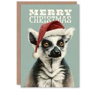 Artery8 Christmas Card Lemur Wearing a Santa Hat Festive Animal Portrait