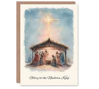Artery8 Christmas Card Nativity Scene Glory To Newborn King Watercolour in Blue Artery8 Blue
