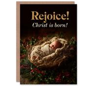 Artery8 Christmas Card Rejoice Christ is Born Baby Jesus Holly & Pine Artery8 Multicolor