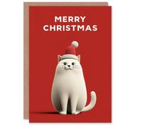 Artery8 Christmas Card White Cat Lover Cute Pet Wearing Santa Hat