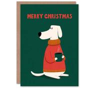 Artery8 Christmas Card White Dog With Red Sweater and Hot Chocolate