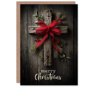 Artery8 Christmas Card Wooden Cross With Pine Holly and Red Bow