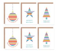 Wee Blue Coo Christmas Folk Pattern Colourful Bauble Star Tree Blank Greeting Cards With Envelopes Pack of 6