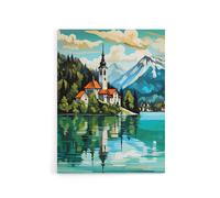 Artery8 Church on Lake Bled Slovenia Island Canvas Wall Art Print in Blue | Size: W18" x H24" Artery8 Blue W18" x H24"