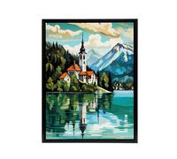 Artery8 Church on Lake Bled Slovenia Island Framed Canvas Wall Art Print in Blue | Size: W18" x H24" Artery8 Blue W18" x H24"