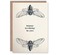 Artery8 Cicada Insect Bug Vintage Style Drawing Birthday Card in White Artery8 White