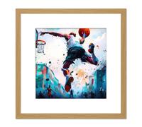 Artery8 City Basketball Slam Dunk Sport Splatter Watercolour Painting Teal Orange Square Wooden Framed Wall Art Print Picture 8X8 Inch in Light Oak Artery8 Light Oak