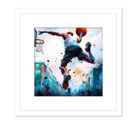 Artery8 City Basketball Slam Dunk Sport Splatter Watercolour Painting Teal Orange Square Wooden Framed Wall Art Print Picture 8X8 Inch in White Artery8 White