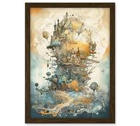 Artery8 City in the Clouds Pastel Colour Concept Art Modern Watercolour Painting Artwork Framed A3 Wall Art Print