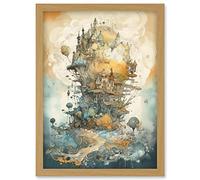 Artery8 City in the Clouds Pastel Colour Concept Art Modern Watercolour Painting Artwork Framed Wall Art Print A4