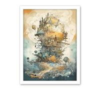 Artery8 City in the Clouds Pastel Colour Concept Art Modern Watercolour Painting Artwork Framed Wall Art Print 18X24 Inch