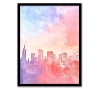 Artery8 City Skyline Modern Watercolour Pastel Soft Light Living Room Artwork Framed Wall Art Print A4