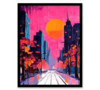Artery8 City Street Autumn Pink Sunset Sky Cityscape Living Room Artwork Framed Wall Art Print A4