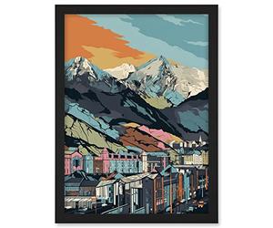 Artery8 Cityscape Under Rocky Mountain Range Modern Artwork Framed A3 Wall Art Print