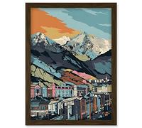 Cityscape Under Rocky Mountain Range Modern Artwork Framed Wall Art Print A4 Artery8 Brown One Size