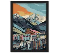 Cityscape Under Rocky Mountain Range Modern Artwork Framed Wall Art Print A4 Artery8 Black One Size