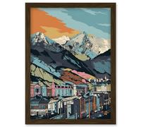 Cityscape Under Rocky Mountain Range Modern Artwork Framed Wall Art Print A4 Artery8 Brown One Size