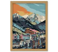 Cityscape Under Rocky Mountain Range Modern Artwork Framed Wall Art Print A4 Artery8 Light Oak One Size