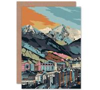 Artery8 Cityscape under Rocky Moutain Range Modern Linocut Travel Birthday Sealed Greeting Card Plus Envelope Blank inside