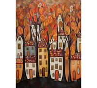 Artery8 Cityscape With Trees In Autumn Contemporary Folk Art Painting Unframed Wall Art Print Poster Home Decor Premium