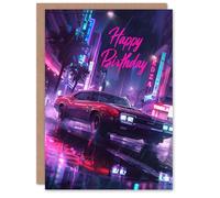 Artery8 Classic Muscle Car Neon Colour Sign Night Scene For Him Man Birthday Card