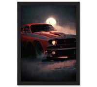 Artery8 Classic Red Sports Muscle Car On A Rainy Atmospheric Night Artwork Framed Wall Art Print A4 in Black Artery8 Black