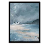 Classic Scottish Cottage on Coast Oil Painting Framed Art Print Artery8 Grey A4
