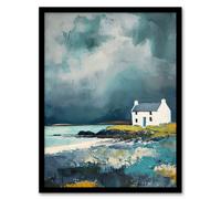 Classic Scottish Lochside Cottage Oil Painting Framed Art Print Artery8 Grey A4