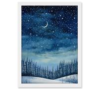 Artery8 Clear Sky Starry Night in Forest Covered with Snow Oil Painting Crescent Moon Winter Landscape Artwork Framed A3 Wall Art Print