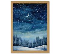 Artery8 Clear Sky Starry Night in Forest Covered with Snow Oil Painting Crescent Moon Winter Landscape Artwork Framed Wall Art Print A4