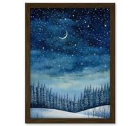 Artery8 Clear Sky Starry Night in Forest Covered with Snow Oil Painting Crescent Moon Winter Landscape Artwork Framed A3 Wall Art Print