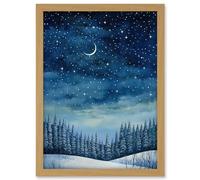 Artery8 Clear Sky Starry Night in Forest Covered with Snow Oil Painting Crescent Moon Winter Landscape Artwork Framed A3 Wall Art Print