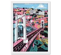 Artery8 Clifton Suspension Bridge Pink and Teal Cityscape Artwork Framed A3 Wall Art Print