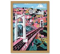 Artery8 Clifton Suspension Bridge Pink and Teal Cityscape Artwork Framed A3 Wall Art Print