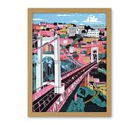Artery8 Clifton Suspension Bridge Pink and Teal Cityscape Artwork Framed Wall Art Print 18X24 Inch