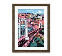 Artery8 Clifton Suspension Bridge Pink and Teal Cityscape Artwork Framed Wall Art Print 18X24 Inch
