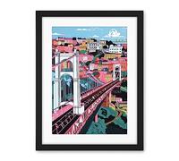 Artery8 Clifton Suspension Bridge Pink and Teal Cityscape Artwork Framed Wall Art Print 18X24 Inch