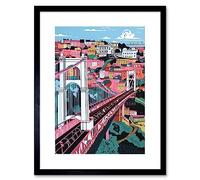 Artery8 Clifton Suspension Bridge Pink and Teal Cityscape Artwork Framed Wall Art Print 9X7 Inch