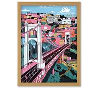 Artery8 Clifton Suspension Bridge Pink and Teal Cityscape Artwork Framed Wall Art Print A4