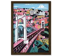 Artery8 Clifton Suspension Bridge Pink and Teal Cityscape Artwork Framed Wall Art Print A4